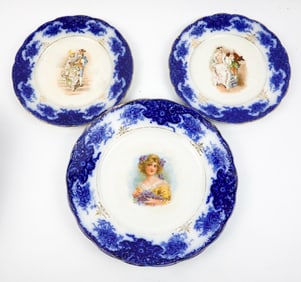 Three La Francaise Flow Blue Plates