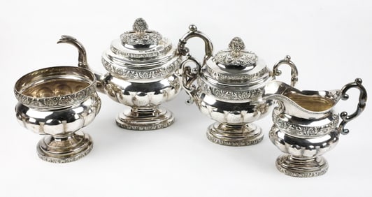 Antique Embossed Three-Banded Base Sterling Tea Set
