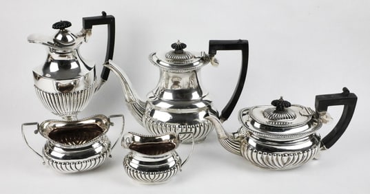 Antique Edwardian Era Half Fluted Five-Piece Tea and Coffee Set in the Queen Anne Style