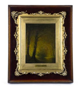 Harvey Joiner Landscape in Shadowbox Frame: Harvey Joiner signed oil painted landscape in ornate frame with nameplate protected by a velvet lined shadow box frame. Some