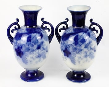 Pair of Double-Handled Flow Blue Vases