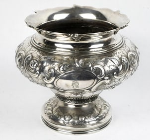 Antique Silver Compote or Rose Bowl with Floral Leaf Designs, Scalloped Edge, and Footed Base