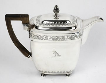 Antique Sterling Silver Teapot with Brown Wood Handle and Engraved Owl on Front