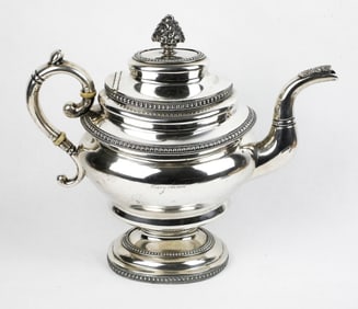 Antique Silver Scroll Handle Teapot with Beaded Banding Marked G Boyce N.Y.