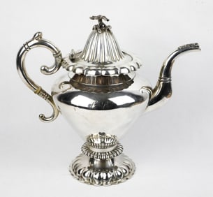 Antique Silver Fluted Dome Teapot Marked G. Boyce N.Y. with Floral Spout