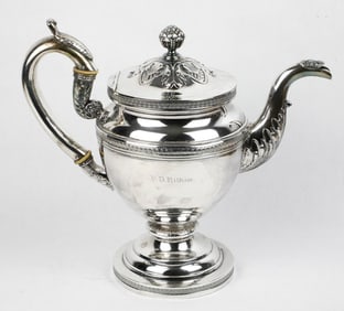 Antique Silver Teapot Marked Welles with Floral Spout, Acanthus Style Foliage Motif, and Scroll