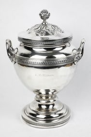 Antique Silver Lidded Sugar Bowl Marked Welles with Acanthus Style Foliage Motif and Scroll Banding