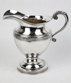 Antique Silver Creamer Marked Welles with Acanthus Style Foliage Motif and Scroll Banding