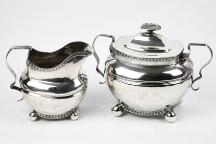 Antique Silver Sugar and Creamer with Balled Feet and Star Edge Banding