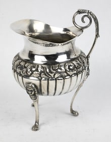 Antique Sterling Silver Half-Fluted Three Legged Creamer with Swirl Handle and Face Motifs
