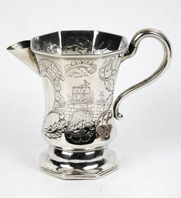 Antique Silver Creamer Marked G. Boyce N, York with Engraved Building on Bridge and Lighthouse