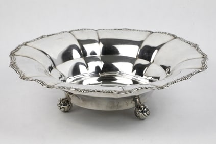 Antique Silver Fruit Bowl Marked ASH with Scroll Ball Feet and Scalloped Scroll and Shell Border.