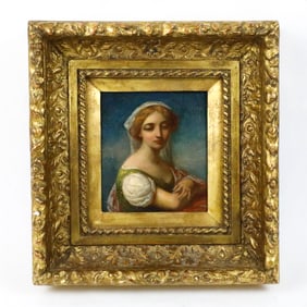 Antique Oil on Board of Woman in White Veil