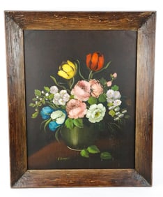 Antique Oil on Canvas by L Ruggeri of Flowers