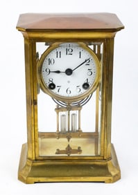 Ansonia Brass Frame and Beveled Crystal Sides Regulator Clock with White Enamel Dial