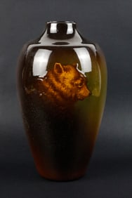 Louwelsa Art Pottery Vase by Weller with Hand Painted Bear