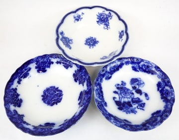 Three Floral Flow Blue Bowls