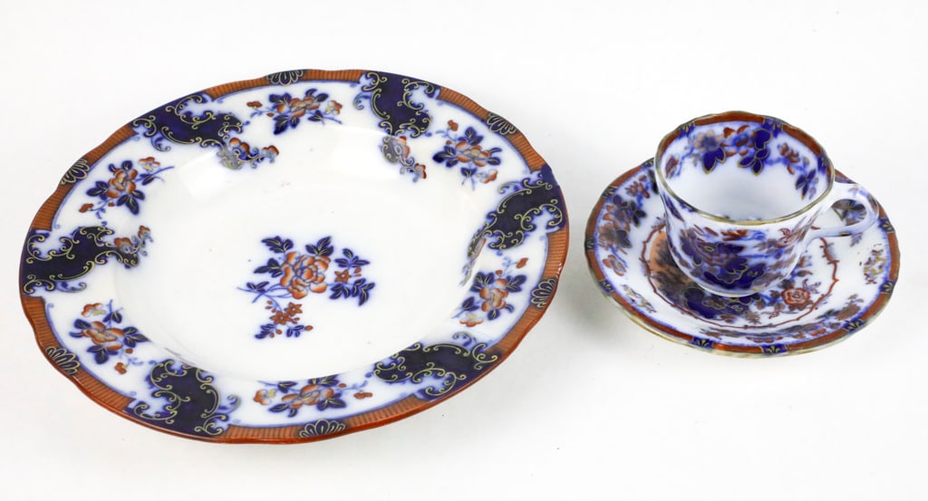 Set of Three Flow Blue Dishes with Brown Accents (1 of 9)