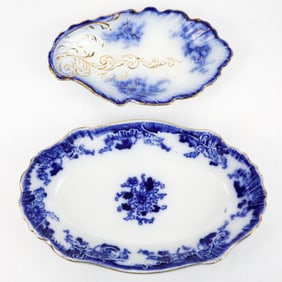 Two Flow Blue Shell Shaped Serving Dishes