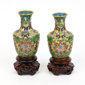 Pair of Miniature Cloisonne Enameled Brass Vases and Wooden Stands