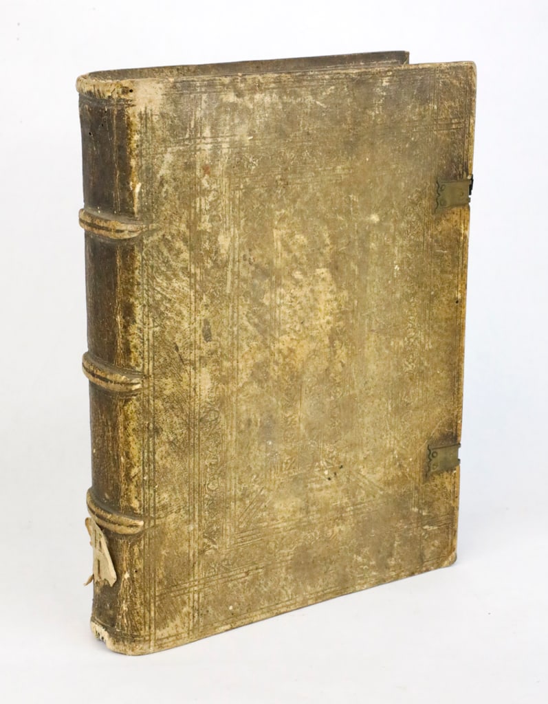 Religious Tome with Metal Latches: Preachable Bermoni Rosary by Brother Bernard of the Order of the Apostles (approximate translation). Pages show browning, foxing, and small tears. Cover shows significant wear, and metal latches do no