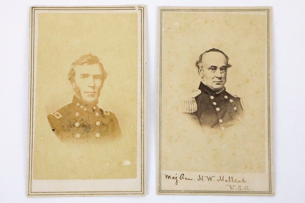 Two Civil War CDV Photographs of Generals: (2) Antique Civil Ward CDV photographs consisting of General Braxton Bragg of the Confederate Army, and Major General Henry Halleck. Halleck has ties to Louisville, as post-war he was assigned to comm