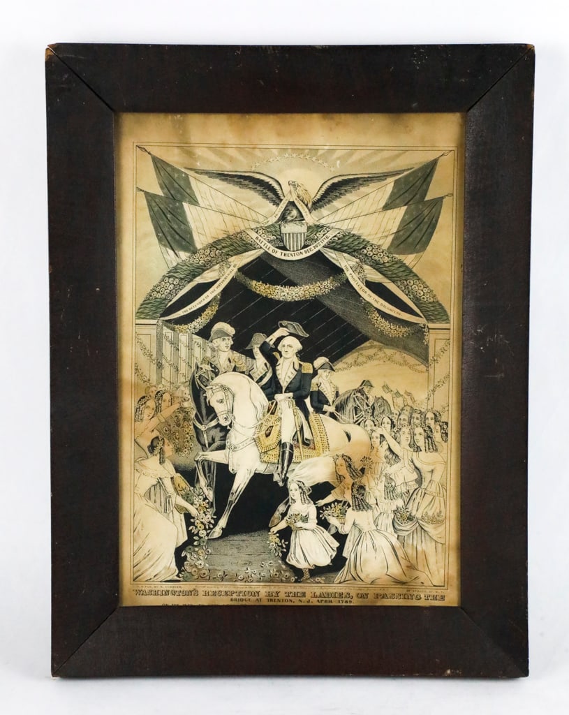 Mid-19th Century Lithograph of George Washington: Mid-19th century lithograph of George Washington's Triumphal entry into Trenton. This scene depicts Washington on horseback greeted by women and children strewing flowers, with an American eagle and b