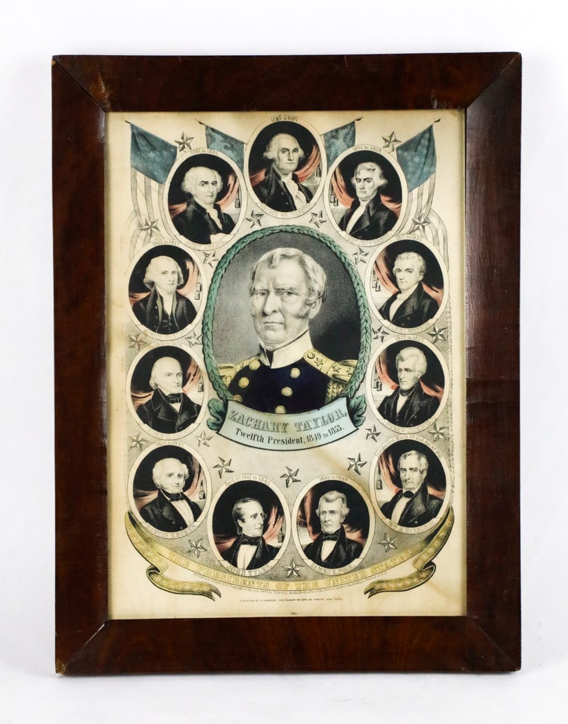 Mid-19th Century Lithograph of President Zachary Taylor: Mid-19th century colored lithograph of twelfth president Zachary Taylor, surrounded by the preceding U.S. presidents. Produced circa 1849-1853, by Currier. The lithograph shows some aging, and is disp