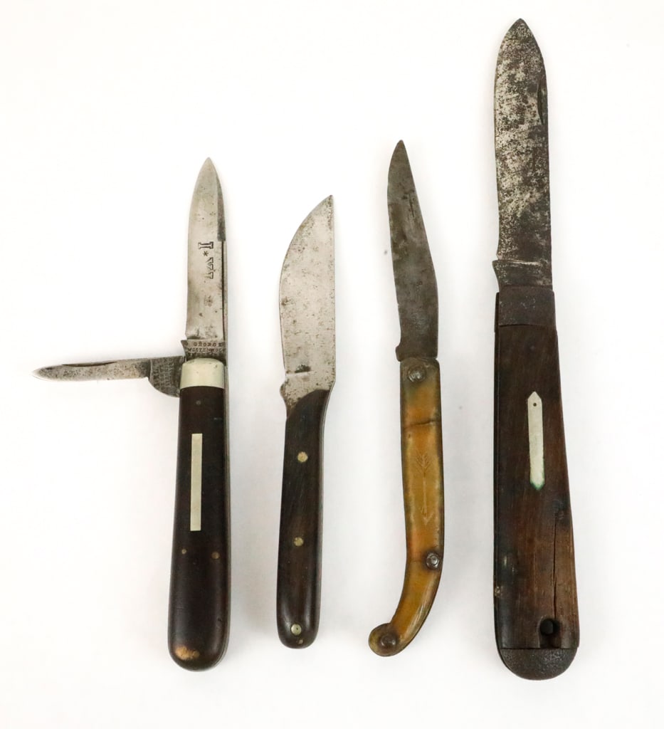 Four Collectible Knives: (4) Collectible knives including: A double blade George Westerngold IXL folding knife, French military style world war II folding blade knife, wood handle single blade folding knife, and a single fixe