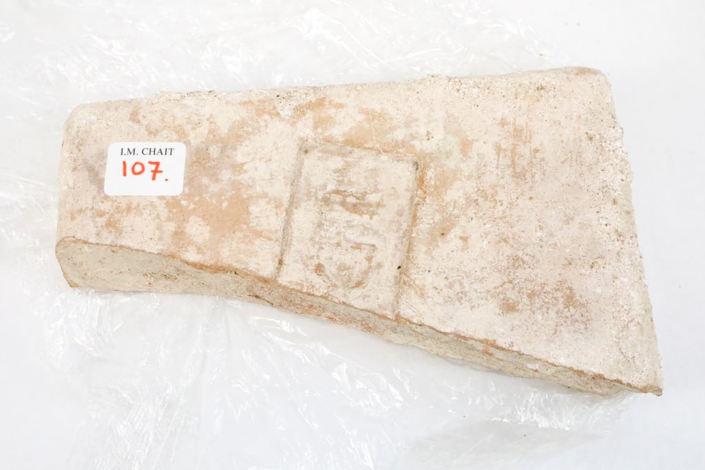 Terracotta Floor Tile: Terracotta floor tiles stamped X. FR. There is a description card preset that states: " LE.X.FR. LE(gio) x (decima) FR(etensis), the mark of the Roman tenth legion stationed in Palestine during the se