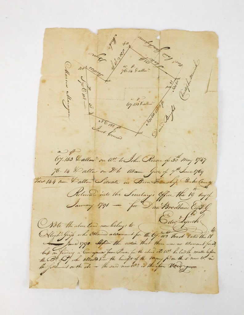 1791 Pennsylvania Land Survey with Map: 1791 Pennsylvania land survey with hand-drawn map. Providence Township, Bedford County. Featuring a hand drawn plat map outlining two adjoining tracts of land. Brown ink on paper, including measuremen