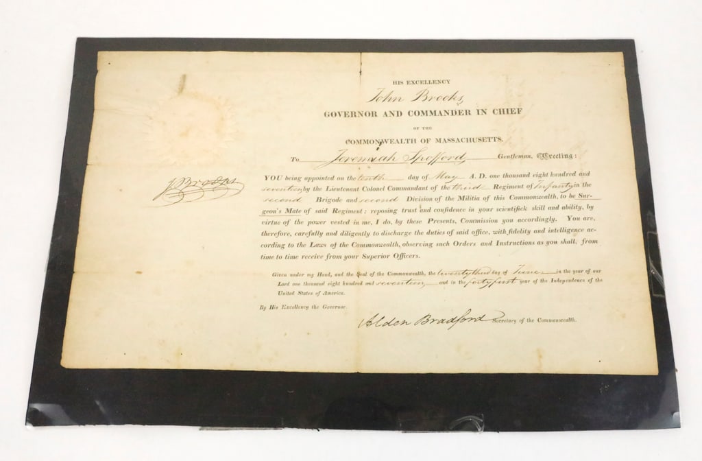 1821 Massachusetts Militia Commission- Signed by Governor John Brooks: 1821 Massachusetts Militia Commission, appointing Jeremiah Safford as lieutenant colonel of the Second Regiment, First Brigade, First Division of the Massachusetts Militia. Dated, May 12, 1821, and si