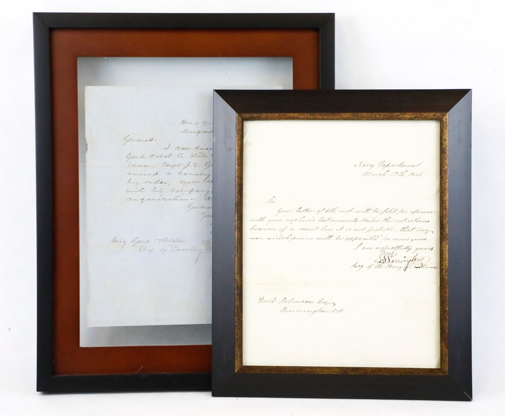 Two English Letters 1840-1862: (2) Framed letters consisting of two English letters. The letters are presented in framed glass. The first letter is addressed to the Navy Department on March 12th 1844. The second letter is addressed