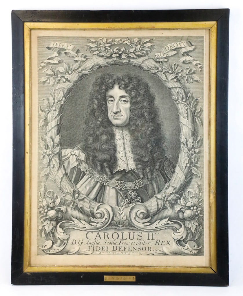 King Charles II Framed Engraving by R.White: Charles II framed engraving by R.White. The engraving depicts King Charles II- (1630-1685, King of Scots 1649-1685, King of England and Ireland 1660-1685). The engraving is dated 1679 in the bottom ri