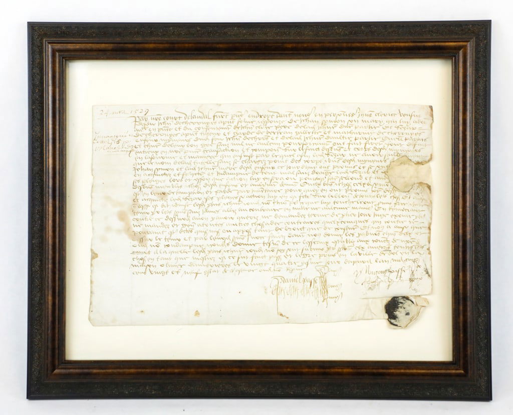Framed Document Dated April 24, 1529: Framed document ink on paper with seal, dated April 24, 1529, in old French. Document dates to reign of King Francis I of France (1515-1547). Document shows creasing, damage, and staining. Frame is pu