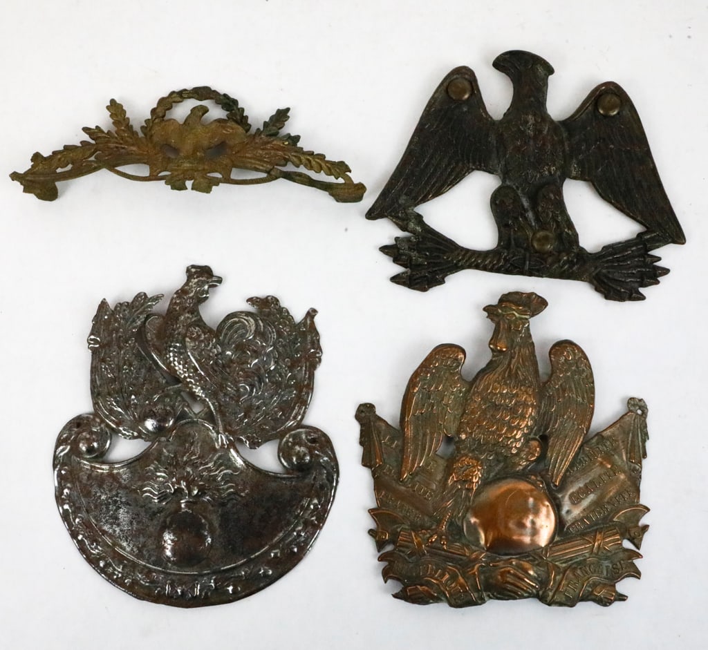Four Patriotic Metal Accents: Four patriotic metal accents including two pressed metal accents featuring French roosters (one showing Republique Francaise, Liberte, Egalite, Fraternite), one eagle posed with tasseled cord and laur