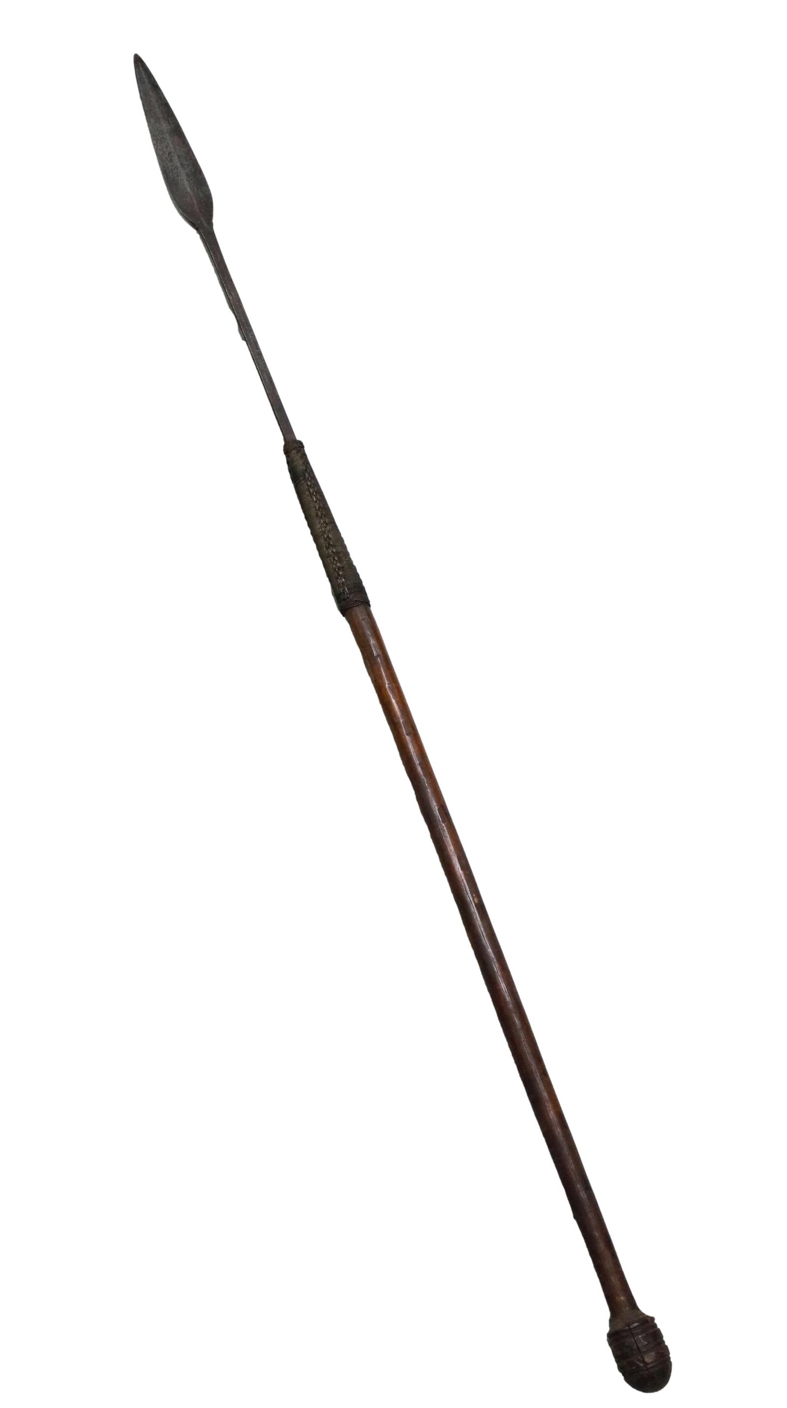 Throwing Spear - Possibly African(Assegai): Throwing spear that is possibly an African throwing spear, from Zulu, or Shona. The blade features a leaf shaped iron spearhead with moderate oxidation. The shape is narrow and elongated, with a woode