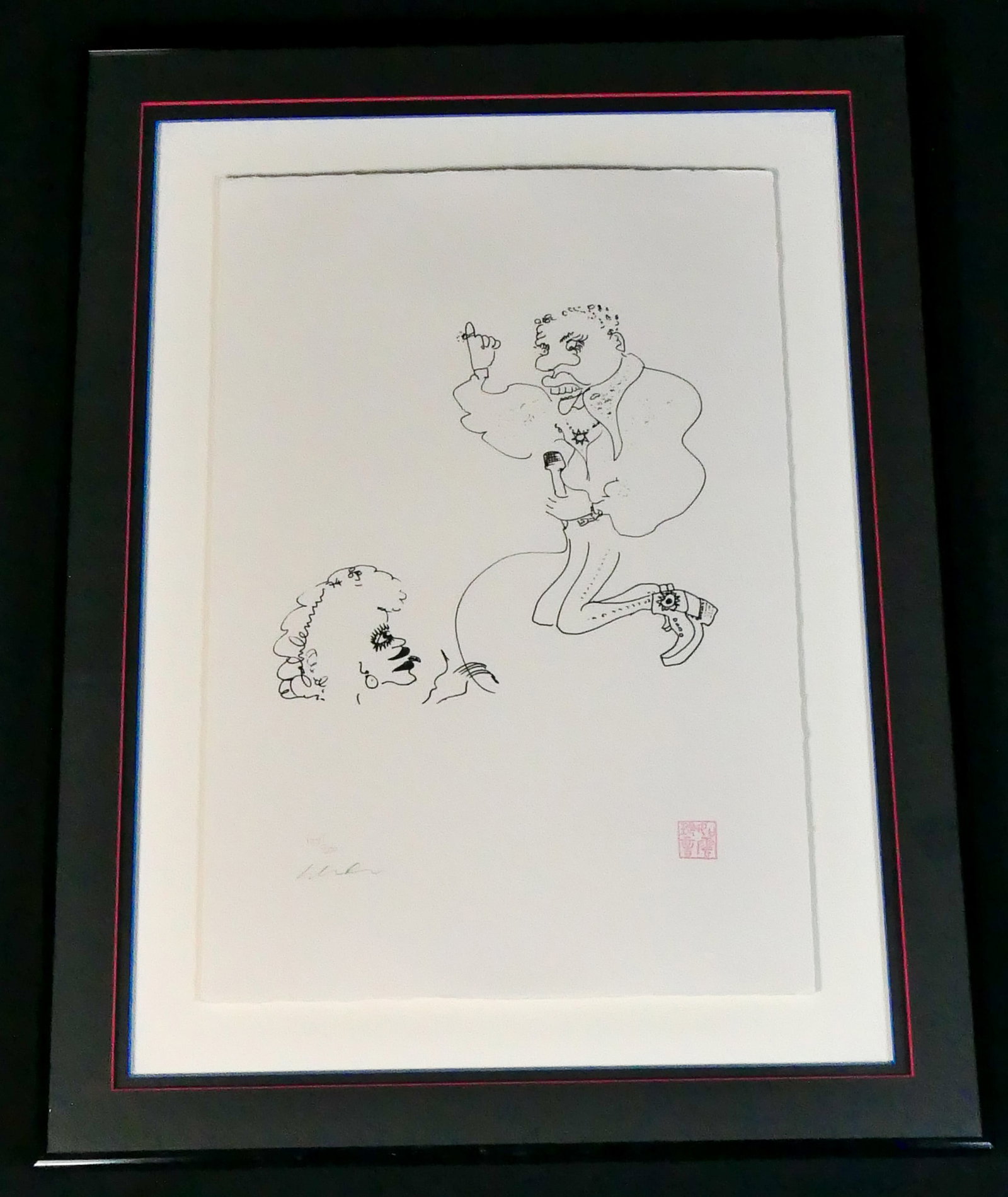 John Lennon Whatever Gets You Through The Night Lithograph: Framed lithograph by John Lennon titled Whatever Gets You Through The Night, depicting a 1970's rock artist singing to an adoring fan. In the hair of the fan, you can see Lennon's signature and his