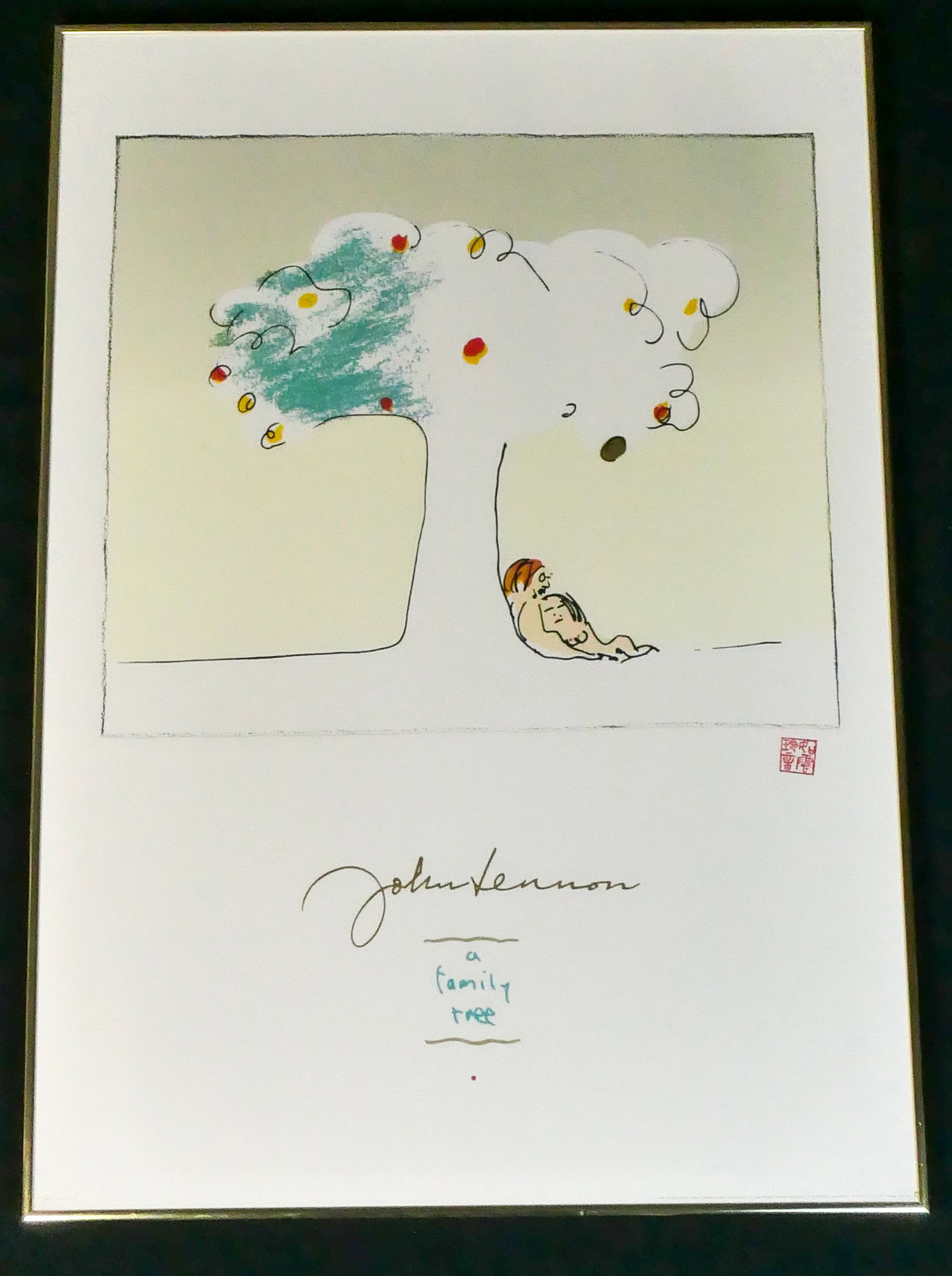John Lennon A Family Tree Poster: Framed poster after a lithograph by John Lennon titled A Family Tree. Marked below with a signature in the plate, and titled both in the print and embossed. Marked in the lower right with Lennon's