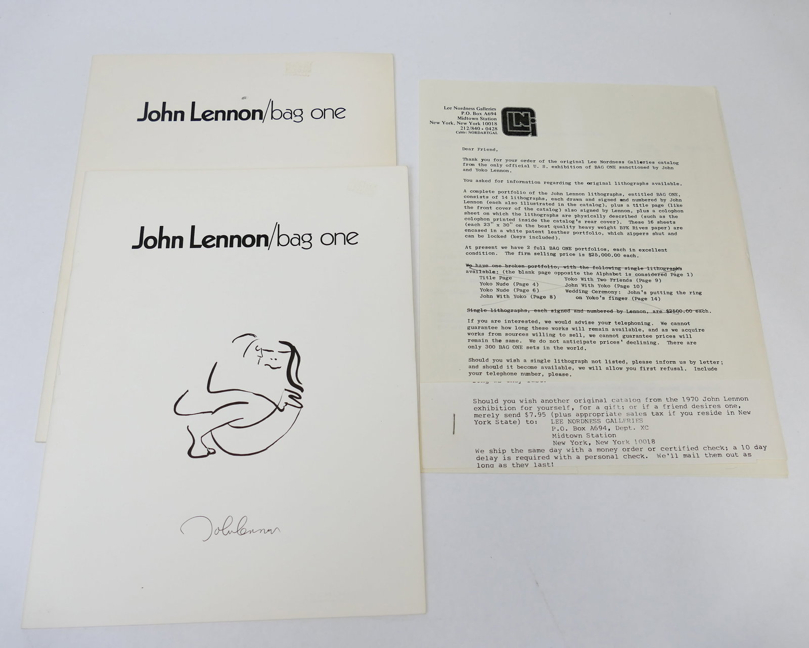 Two John Lennon Bag One Gallery Programs: Two Nordness Gallery programs for John Lennon's Bag One Arts Inc lithographs, containing a variety of representations of Lennon's line drawings, many of which depict both John and Yoko nude. Also
