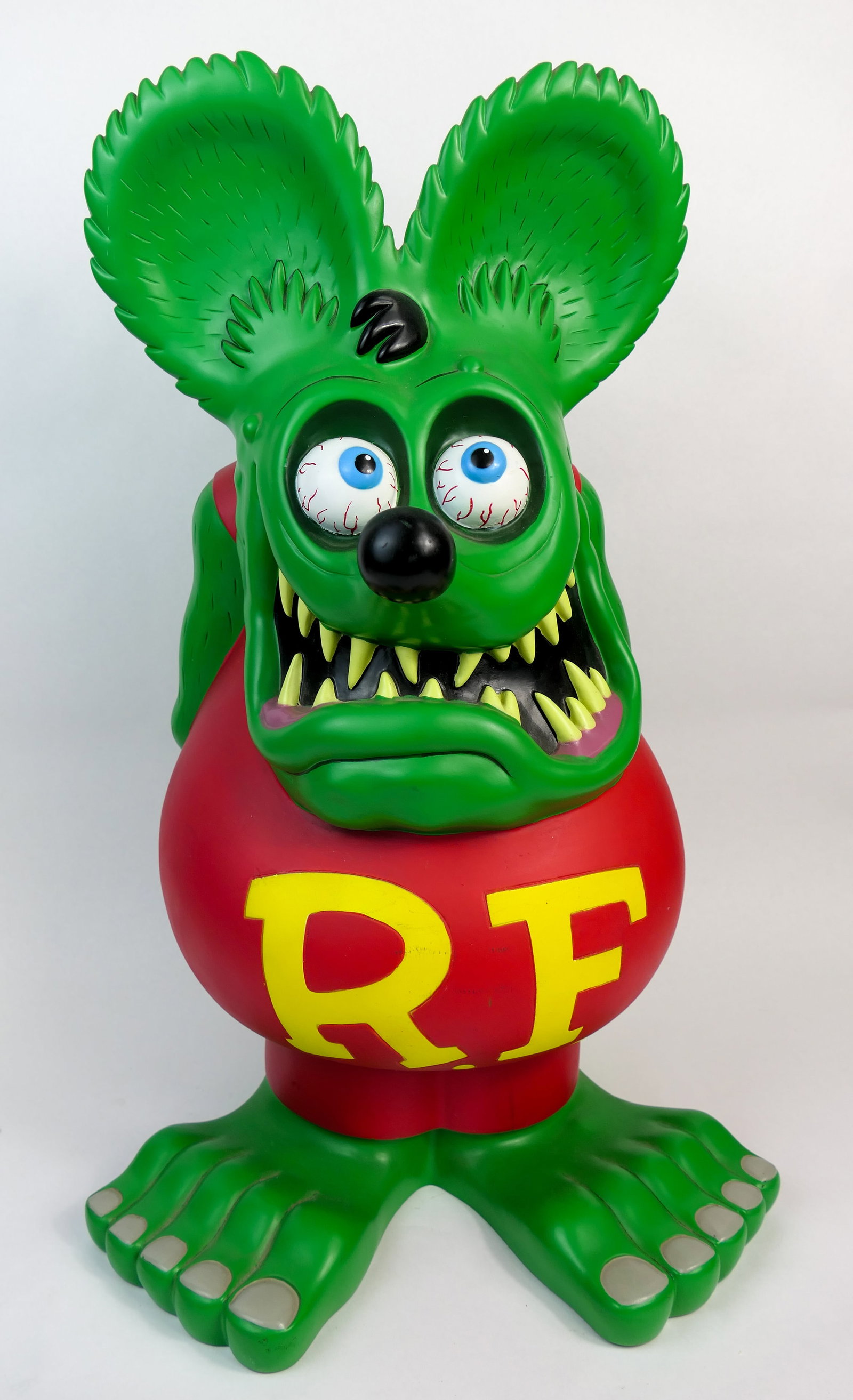 Large Rat Fink Coin Bank: Large vinyl coin bang in the shape of Rat Fink. Marked on the back Ed "Big Daddy" Roth. The bottom has a stopper for removing coins, and is marked 2005, A FunKo Inc Product. Surface finish shows