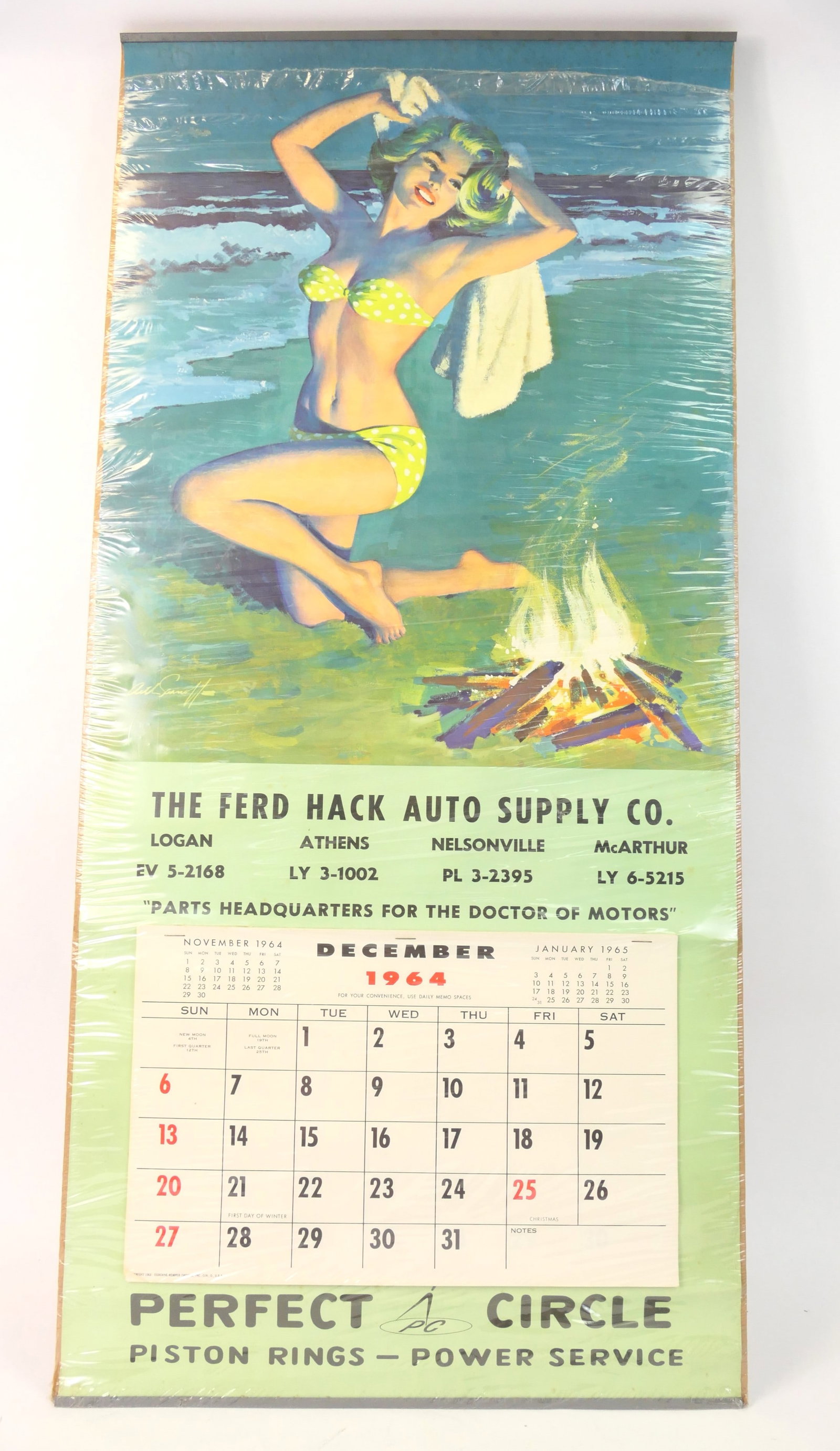 The Ferd Hack Auto Supply Pinup Calendar: Pinup calendar branded for The Ferd Hack Auto Supply Co, featuring an illustration print of a woman in a polka-dot bikini on the beach beside a campfire. Marked below Perfect Circle Piston Rings under