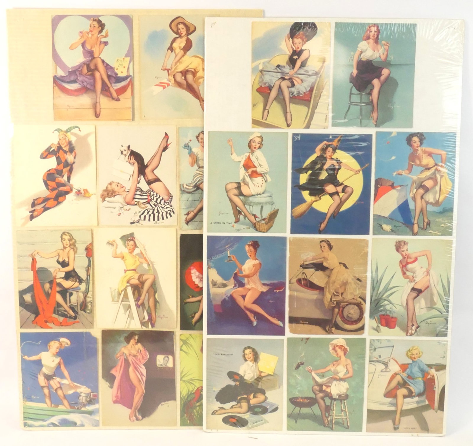 Collection of Small Pinup Prints: Collection of small pinup prints featuring a variety of poses and motifs, all are shrink wrapped on cardboard. All show signatures in the plate for Gil Elvgren. Size: Each Approx 5.25"w x 6.75"h