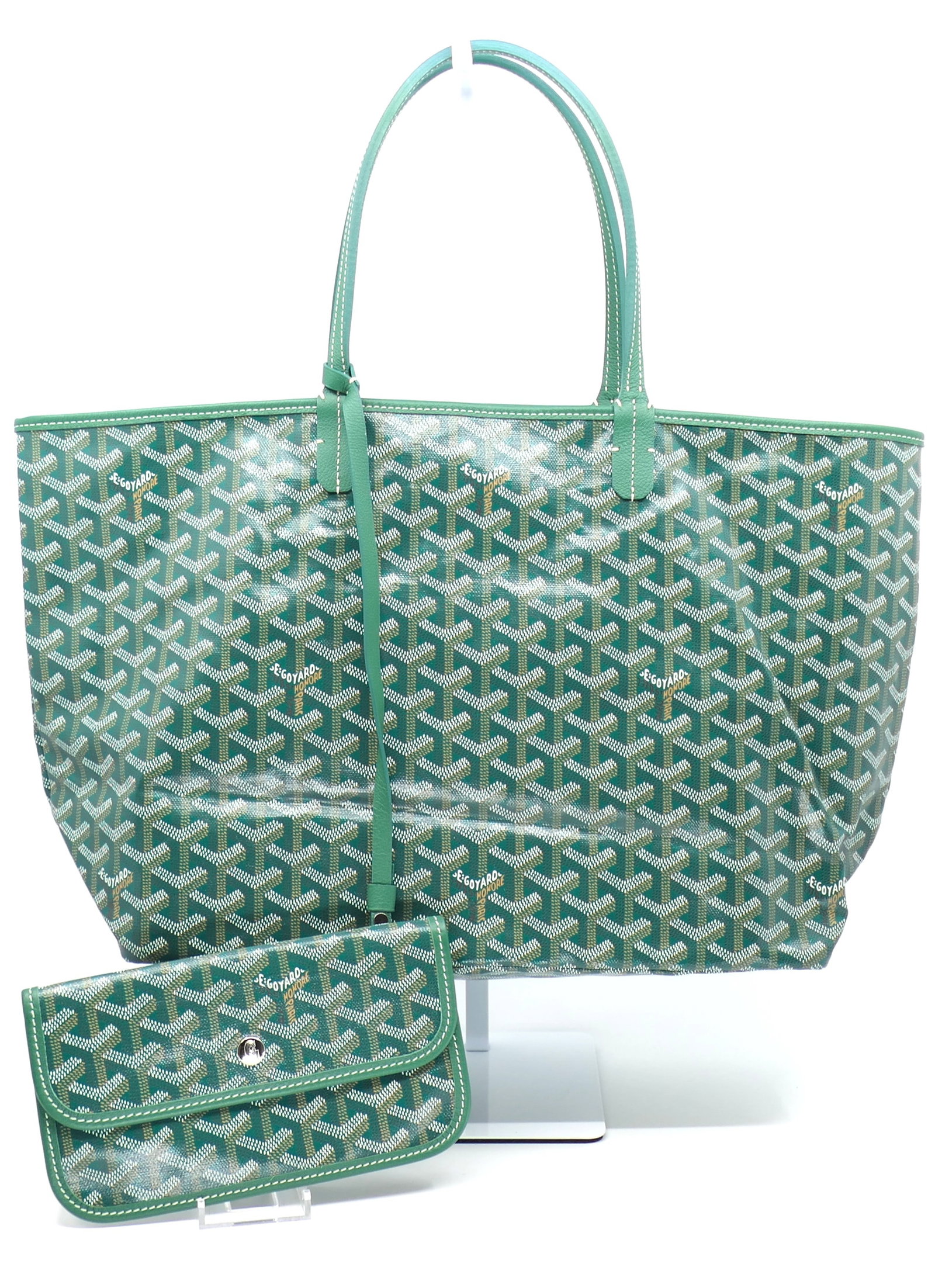 Goyard St Louis PM Green Tote: Goyard St Louis PM green tote with pouch in Goyardine coated canvas with calfskin leather trim. Serial # ADM 020202. Excellent condition. Size: 13.5"w x 5.5"d x 10.5"h