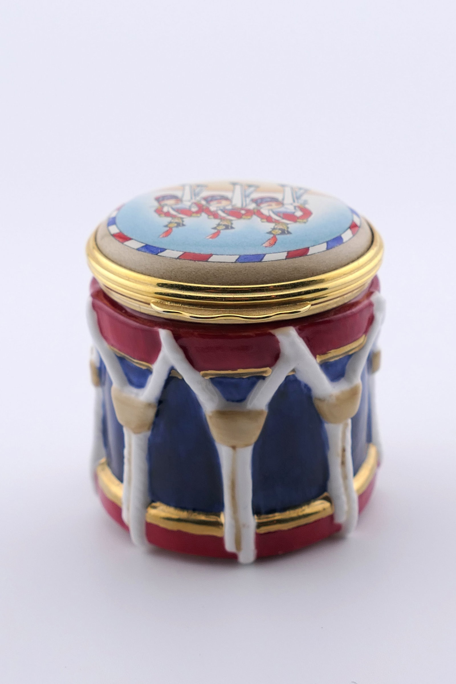 Halcyon Days Drum Trinket Box: Marked Halcyon Days hinged trinket box in a design after a Revolutionary War style drum which is double sided with a hinged lid. Marked inside "HD London, and underneath Halcyon Days Enamels. Excellen