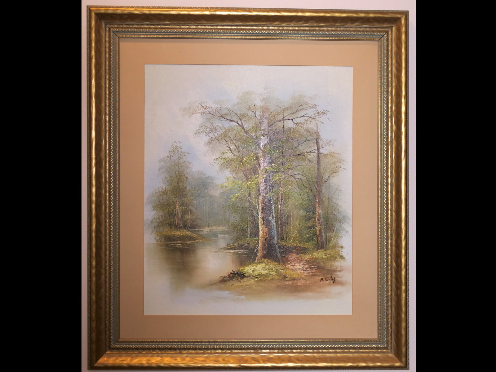 Wetland Landscape Oil Painting: Framed oil painting depicting a wetland or lakefront landscape scene in muted green and brown tones, fading into cream paper. This piece is artist signed in the lower right, H. Gailey, and single