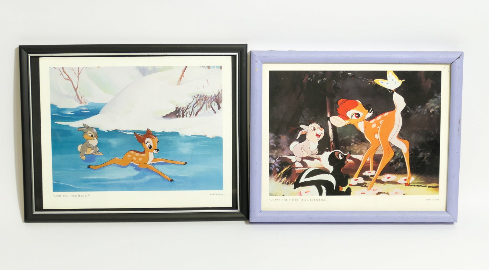 Two Disney Bambi Prints: Two framed Disney Bambi prints, both depicting scenes from the movie, with one titled "Some Fun, Huh Bambi?" in a black wood frame and the other titled "That's Not a Bird, it's a Butterfly". in a