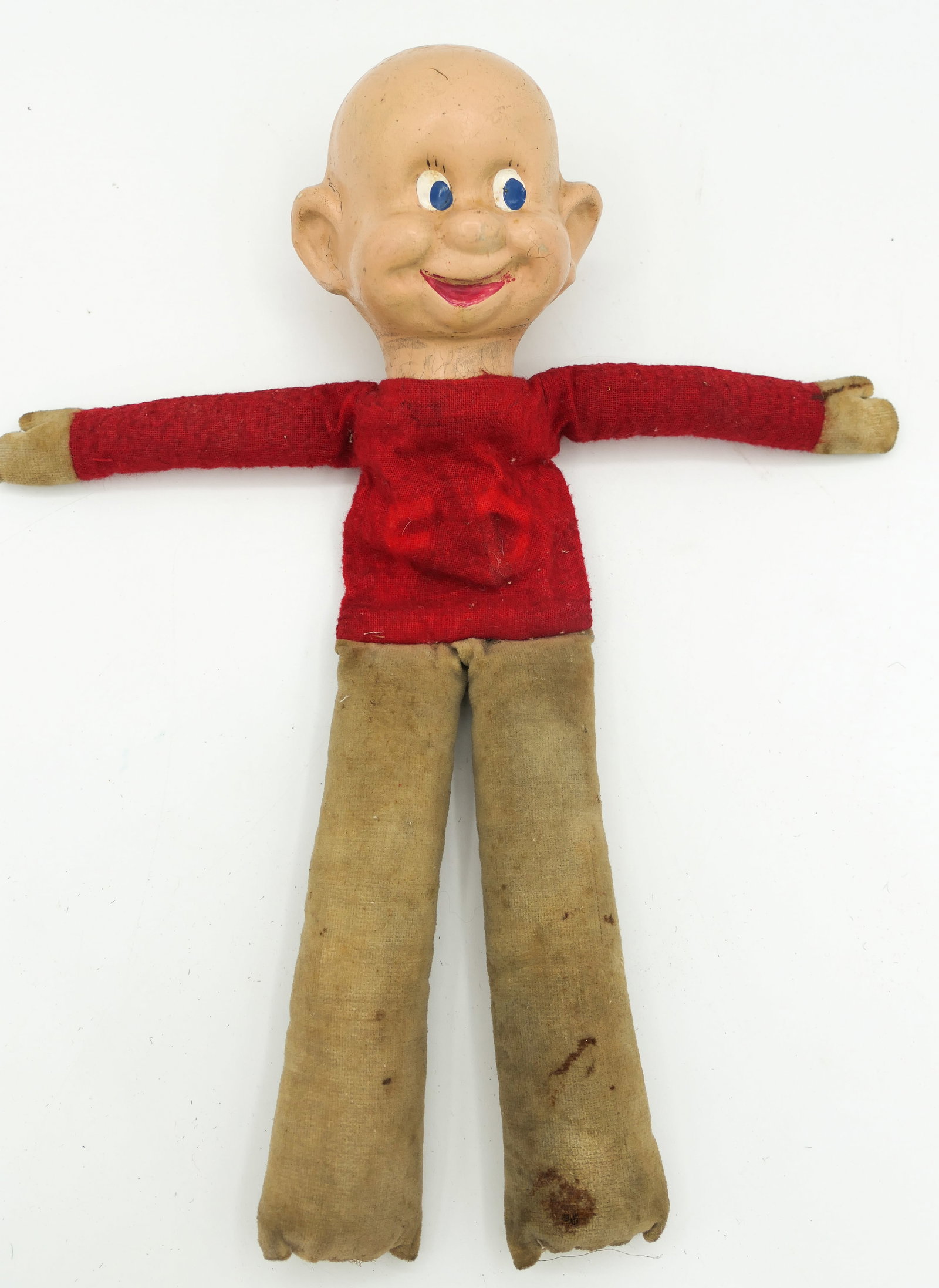 Walt Disney Dopey Composition Head Doll: Circa 1930's Walt Disney Enterprises Dopey from Snow White doll with composition head and cloth body. Shows wear consistent with age. Size: 12.5"l