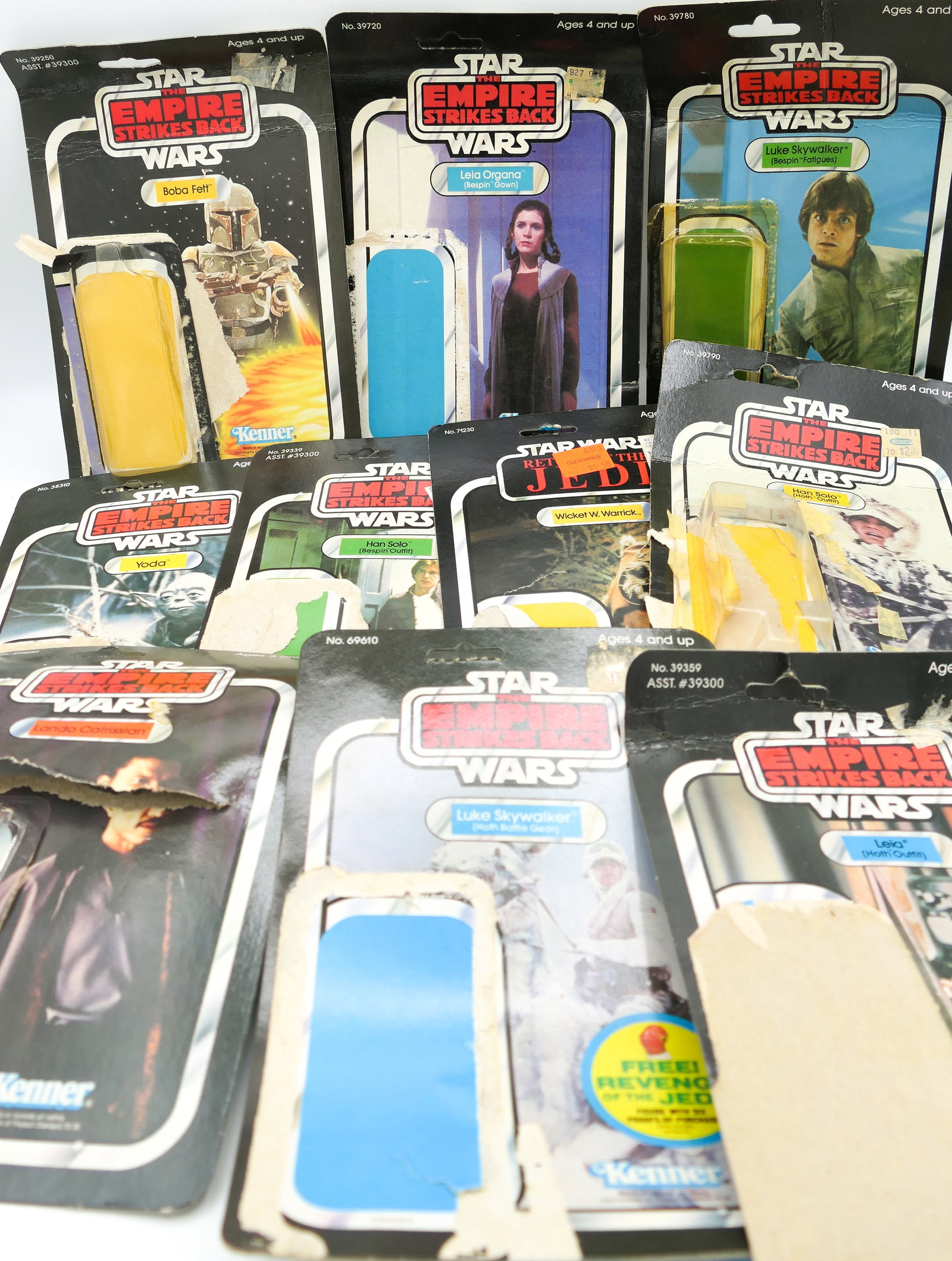 Kenner Star Wars Action Figure Card Backs: Ten Kenner Star Wars action figure empty card backs dating from late 1970's to early 1980's including Luke Skywalker, Boba Fett, Han Solo, Yoda, Leia, Lando Calrissian (large rip) and more. Several ca