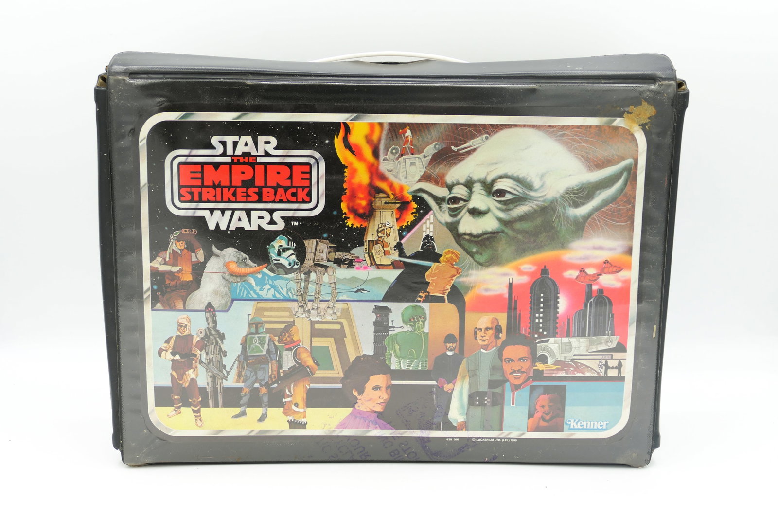 Star Wars Action Figures Collectors Case: 1980 Kenner Star Wars Empire Strikes Back plastic action figures collectors case with two trays and partial name sticker sheet. Has some residue on exterior and some wear at edges. Size: 12"w x 3"d x